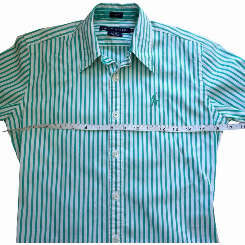 Ralph Lauren Blue Label Womens 2 Slim Fit Green White Striped Oxford Shirt - Picture 7 of 8